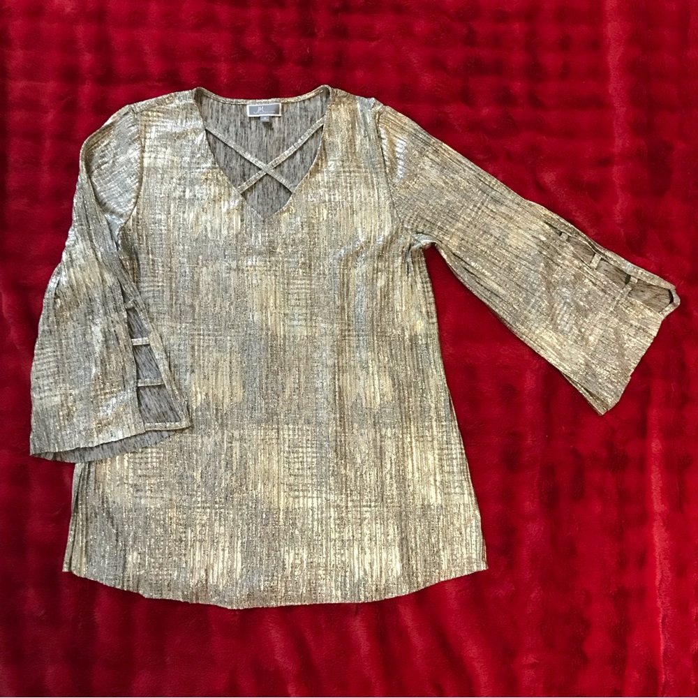 JM Collection V-Neck Long Sleeve Top with Bell Sleeves in Gold